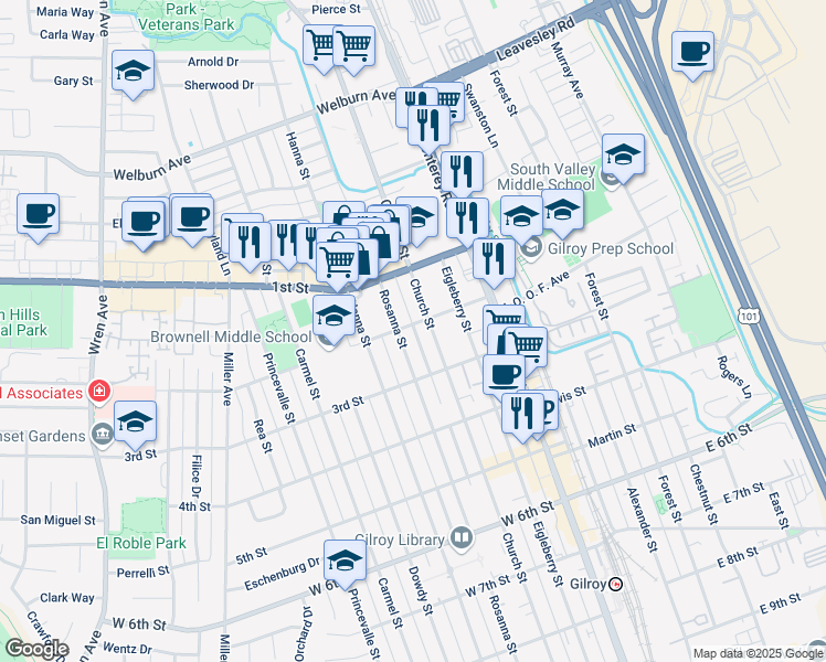 map of restaurants, bars, coffee shops, grocery stores, and more near 269 Second Street in Gilroy
