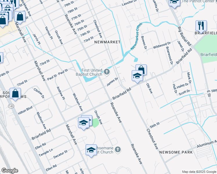 map of restaurants, bars, coffee shops, grocery stores, and more near 1104 James Drive in Newport News