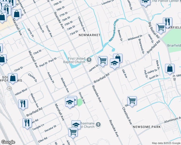 map of restaurants, bars, coffee shops, grocery stores, and more near 1104 James Drive in Newport News