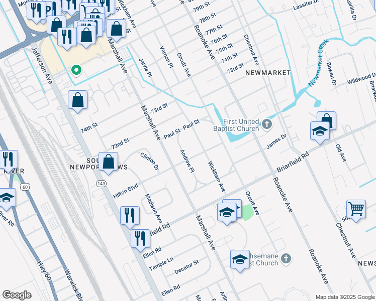 map of restaurants, bars, coffee shops, grocery stores, and more near 5927 Wickham Avenue in Newport News