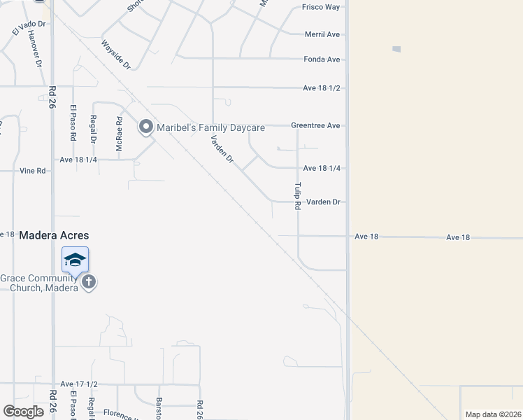 map of restaurants, bars, coffee shops, grocery stores, and more near 18138 Varden Drive in Madera