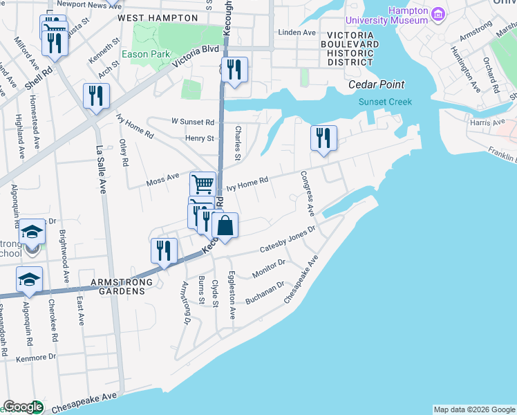 map of restaurants, bars, coffee shops, grocery stores, and more near 30 Trail Street in Hampton