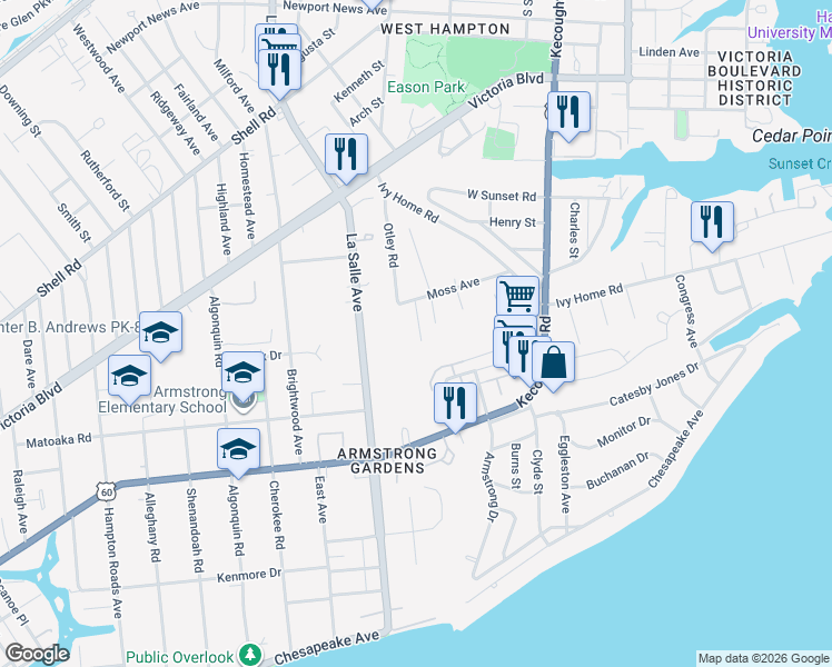 map of restaurants, bars, coffee shops, grocery stores, and more near 103 Victor Street in Hampton