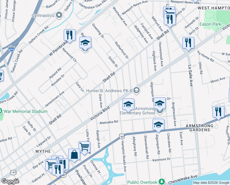 map of restaurants, bars, coffee shops, grocery stores, and more near 413 Hampton Roads Avenue in Hampton