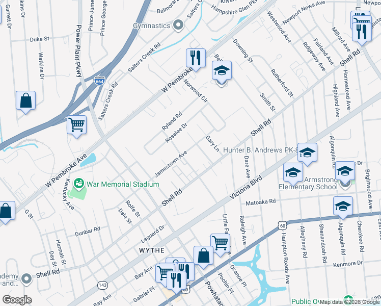 map of restaurants, bars, coffee shops, grocery stores, and more near 2736 Jamestown Avenue in Hampton