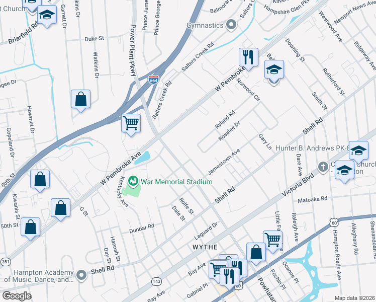 map of restaurants, bars, coffee shops, grocery stores, and more near 818 Teach Street in Hampton