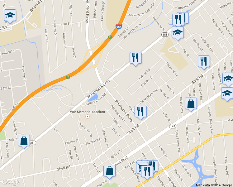 map of restaurants, bars, coffee shops, grocery stores, and more near 818 Teach Street in Hampton