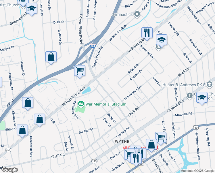 map of restaurants, bars, coffee shops, grocery stores, and more near 823 Teach Street in Hampton
