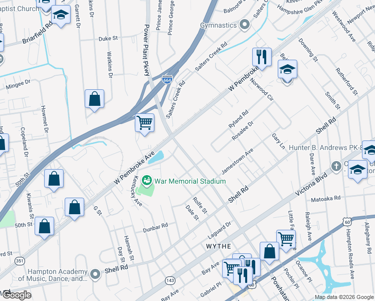 map of restaurants, bars, coffee shops, grocery stores, and more near 818 Teach Street in Hampton