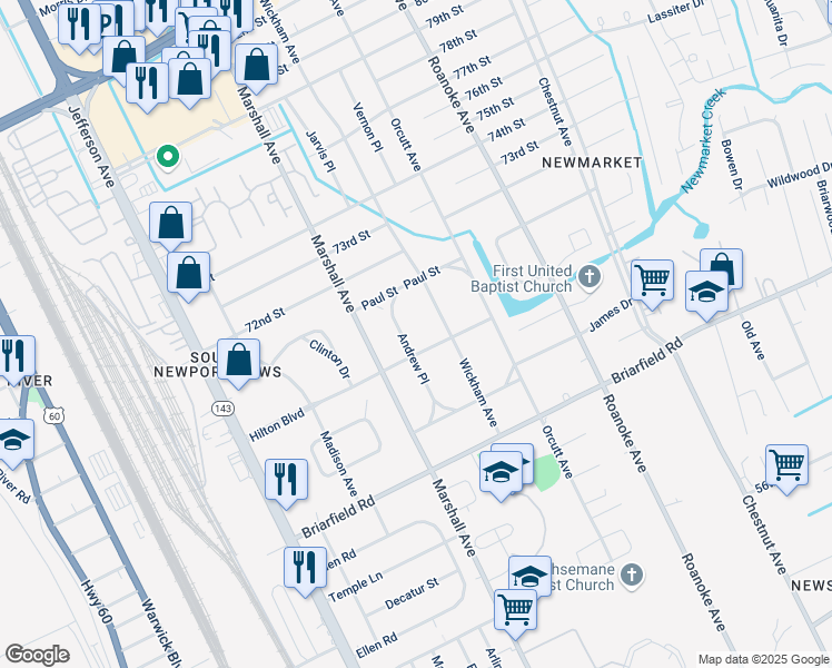 map of restaurants, bars, coffee shops, grocery stores, and more near 5927 Wickham Avenue in Newport News