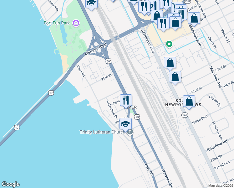 map of restaurants, bars, coffee shops, grocery stores, and more near 320 73rd Street in Newport News