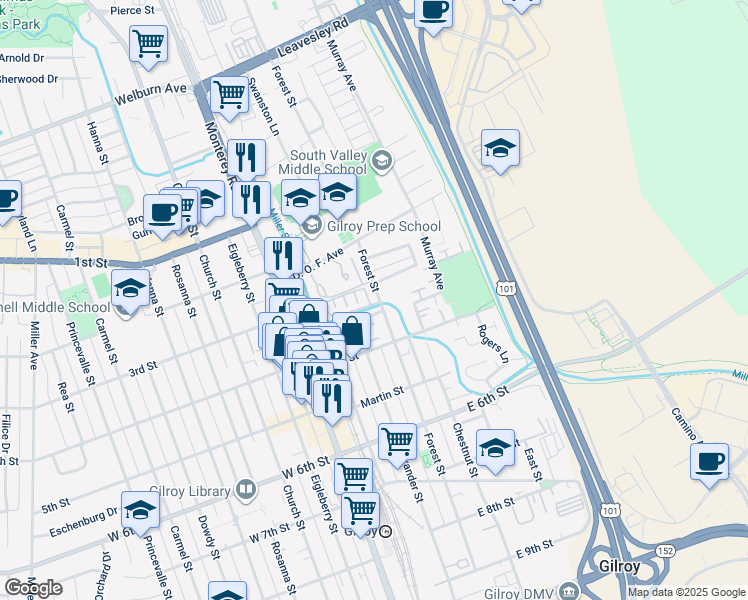 map of restaurants, bars, coffee shops, grocery stores, and more near 7655 Forest Street in Gilroy
