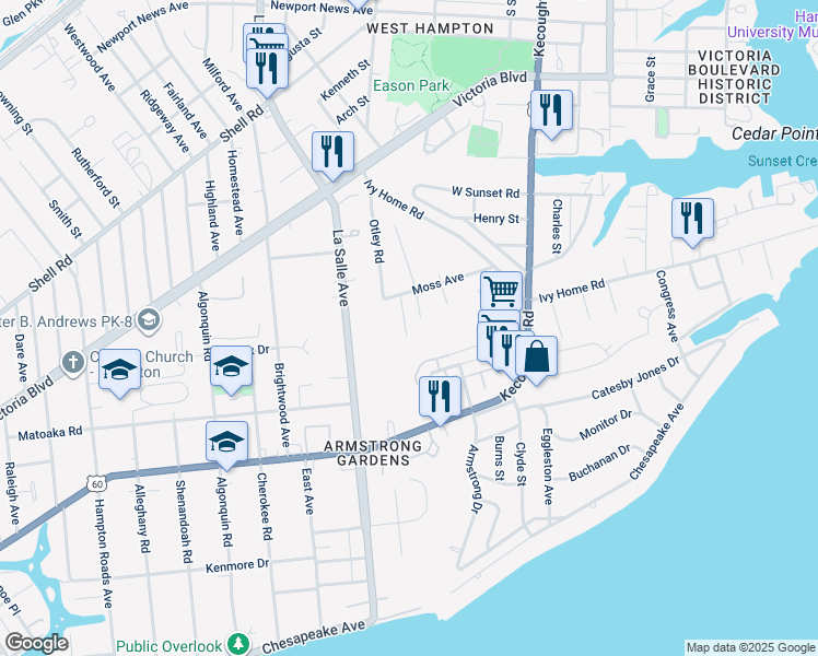 map of restaurants, bars, coffee shops, grocery stores, and more near 47 Oser Ln in Hampton