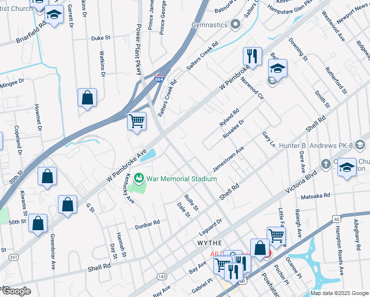 map of restaurants, bars, coffee shops, grocery stores, and more near 823 Teach Street in Hampton