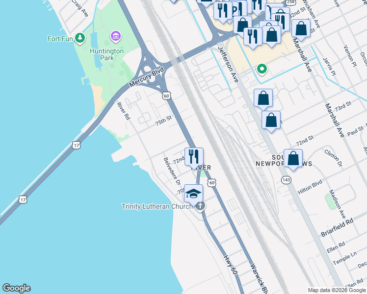 map of restaurants, bars, coffee shops, grocery stores, and more near 312 73rd Street in Newport News