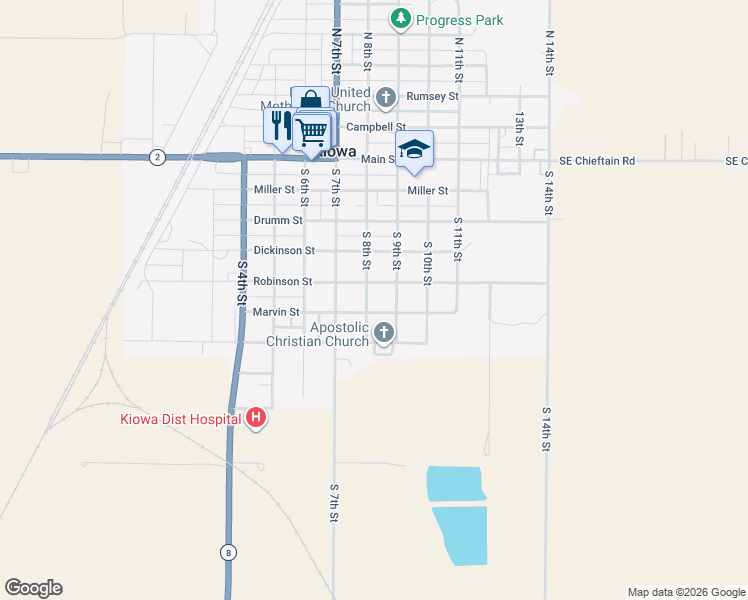 map of restaurants, bars, coffee shops, grocery stores, and more near 501-599 South 8th Street in Kiowa