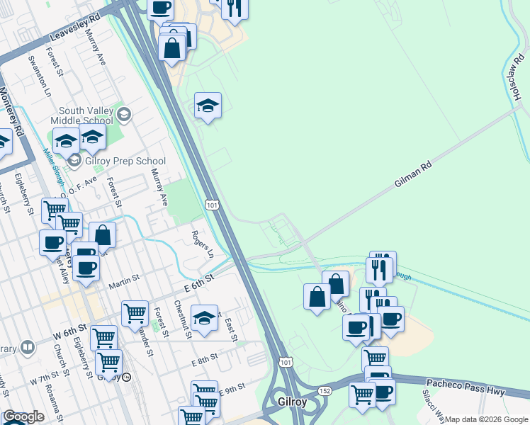 map of restaurants, bars, coffee shops, grocery stores, and more near 7500 Arroyo Circle in Gilroy