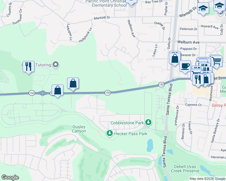 map of restaurants, bars, coffee shops, grocery stores, and more near 2005 Hecker Pass Road in Gilroy