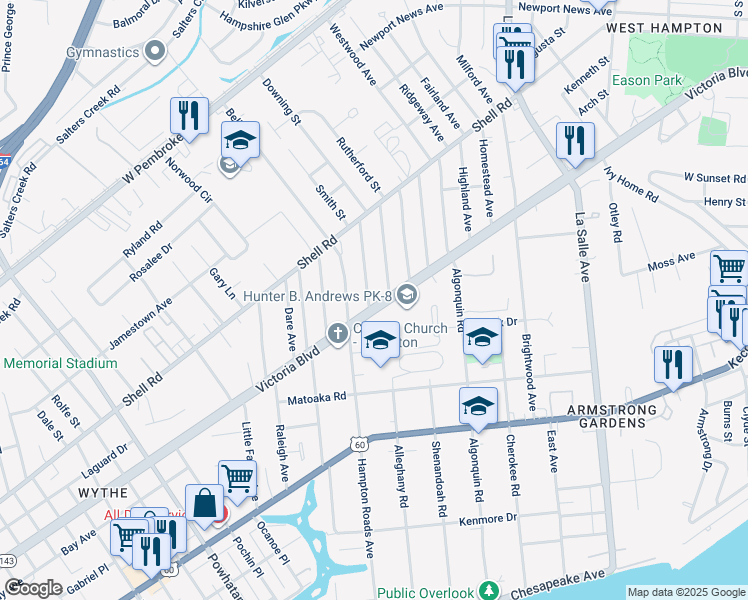 map of restaurants, bars, coffee shops, grocery stores, and more near 400 Colonial Avenue in Hampton