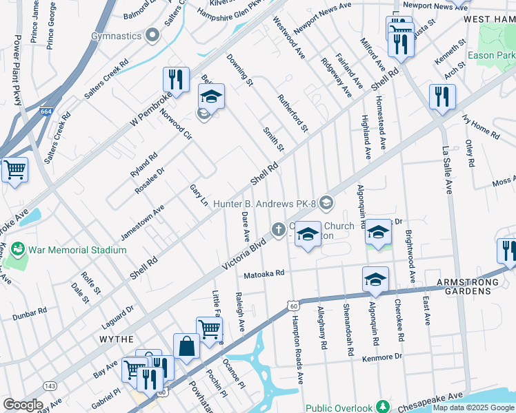 map of restaurants, bars, coffee shops, grocery stores, and more near 418 Melville Road in Hampton