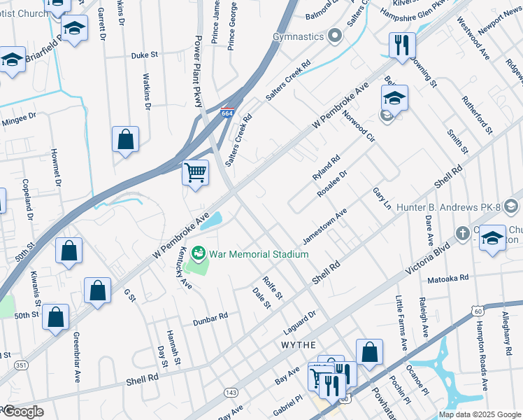 map of restaurants, bars, coffee shops, grocery stores, and more near 827 Teach Street in Hampton