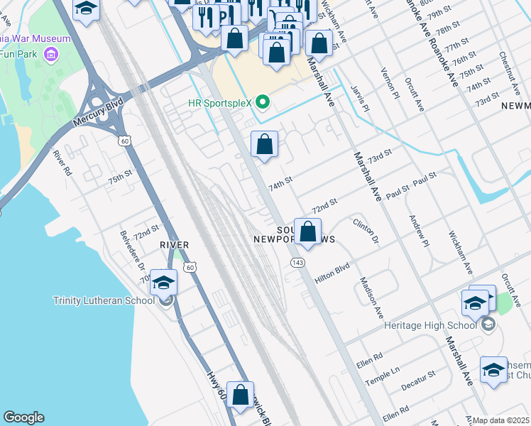 map of restaurants, bars, coffee shops, grocery stores, and more near 5964 Jefferson Avenue in Newport News