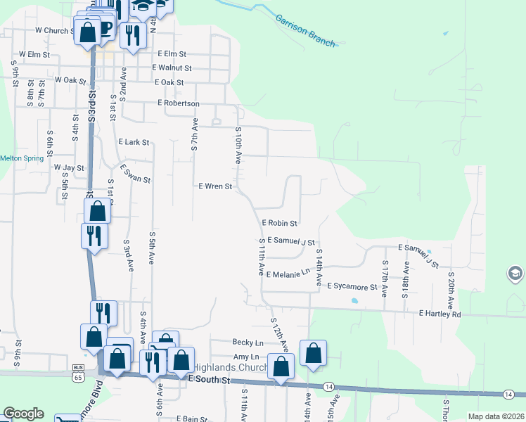 map of restaurants, bars, coffee shops, grocery stores, and more near 1106 East Wren Street in Ozark