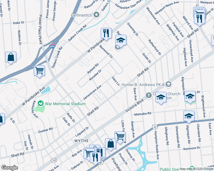 map of restaurants, bars, coffee shops, grocery stores, and more near 631 Quincy Street in Hampton