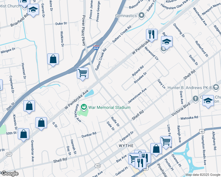map of restaurants, bars, coffee shops, grocery stores, and more near 827 Teach Street in Hampton