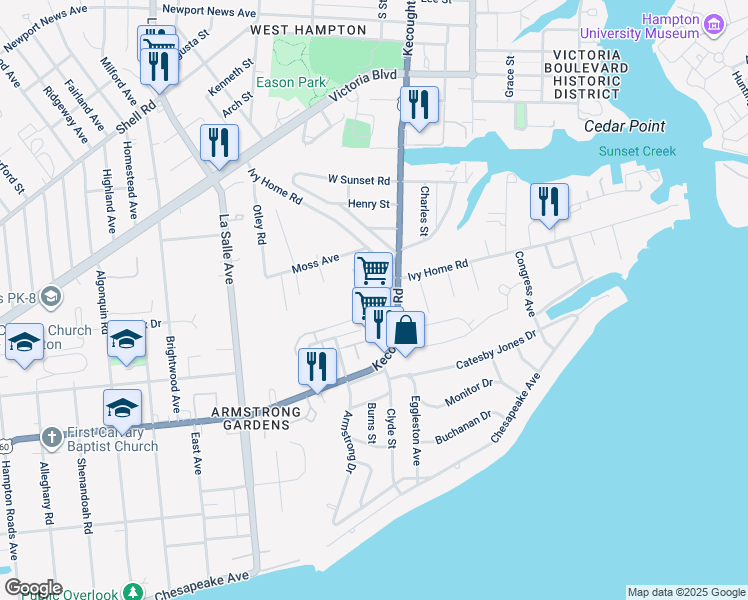 map of restaurants, bars, coffee shops, grocery stores, and more near 3855 Kecoughtan Road in Hampton
