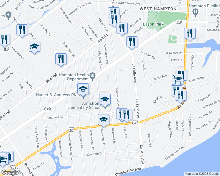 map of restaurants, bars, coffee shops, grocery stores, and more near 414 Algonquin Road in Hampton