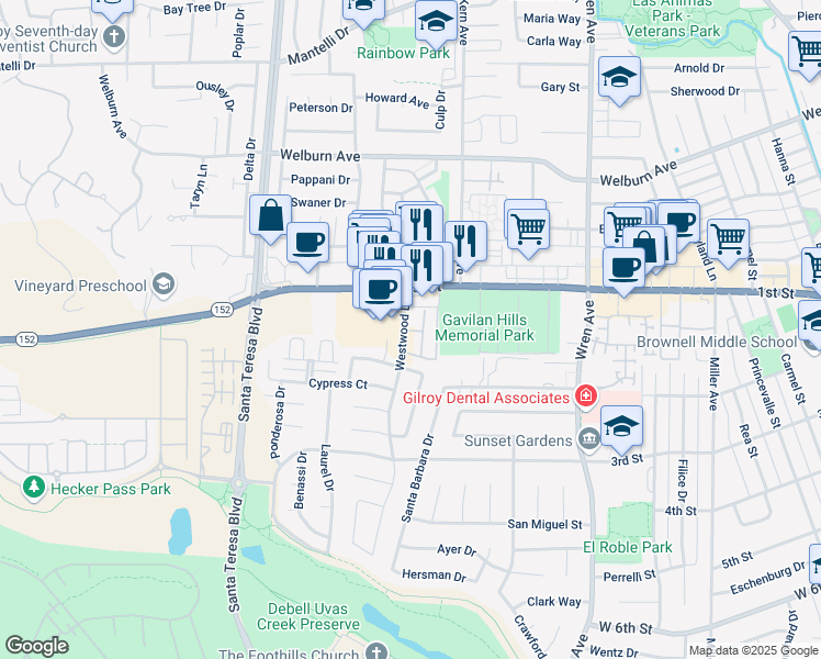 map of restaurants, bars, coffee shops, grocery stores, and more near 7936 Westwood Drive in Gilroy