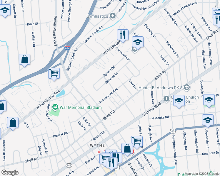 map of restaurants, bars, coffee shops, grocery stores, and more near 705 Celey Street in Hampton