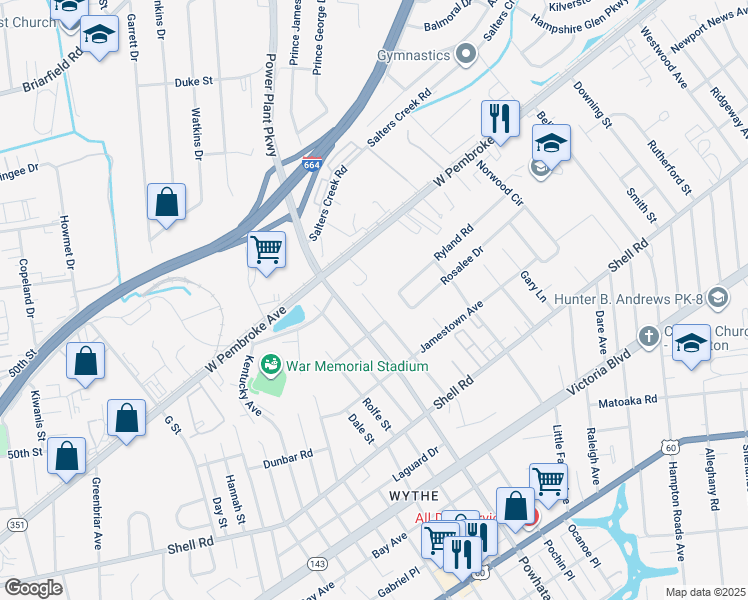 map of restaurants, bars, coffee shops, grocery stores, and more near 814 Teach Street in Hampton