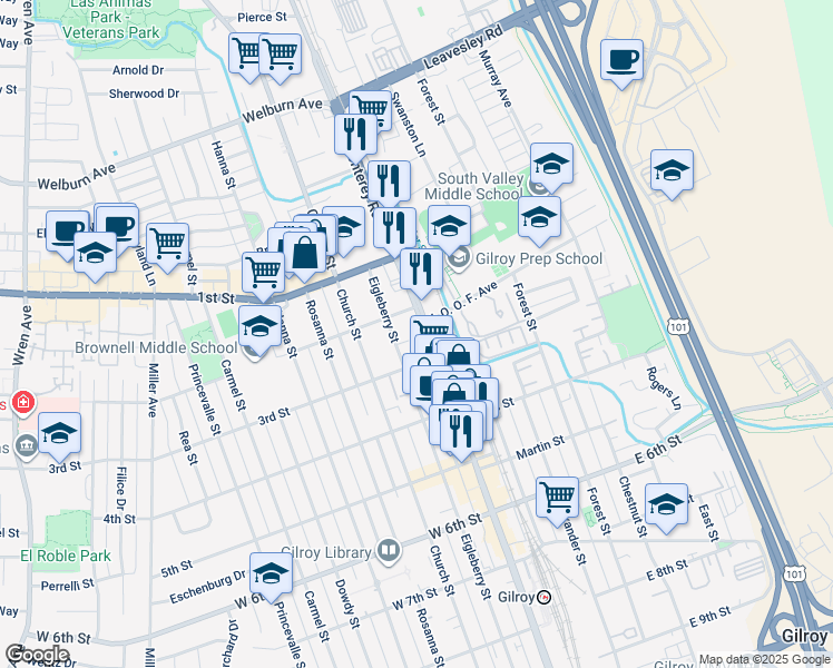 map of restaurants, bars, coffee shops, grocery stores, and more near 7777 Monterey Road in Gilroy