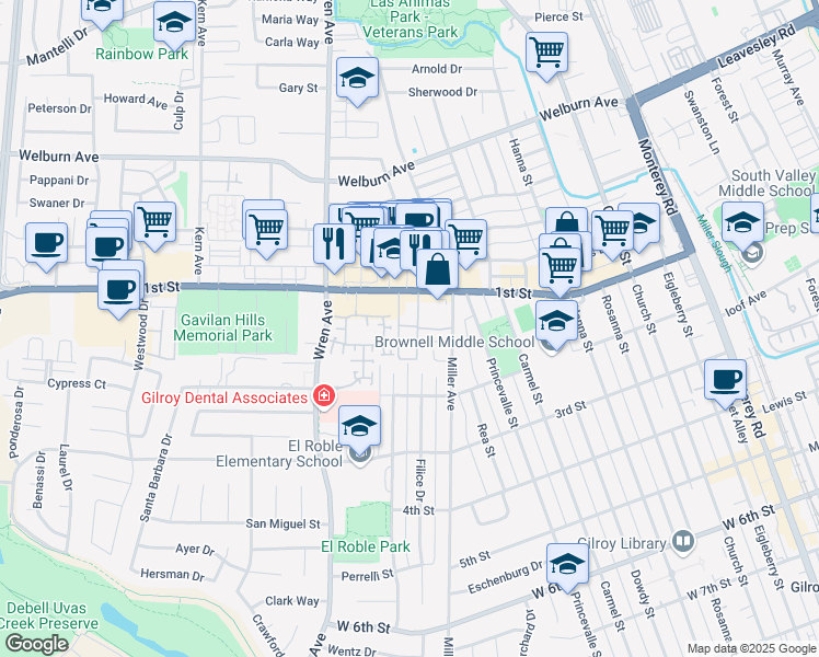map of restaurants, bars, coffee shops, grocery stores, and more near 7930 Kipling Circle in Gilroy