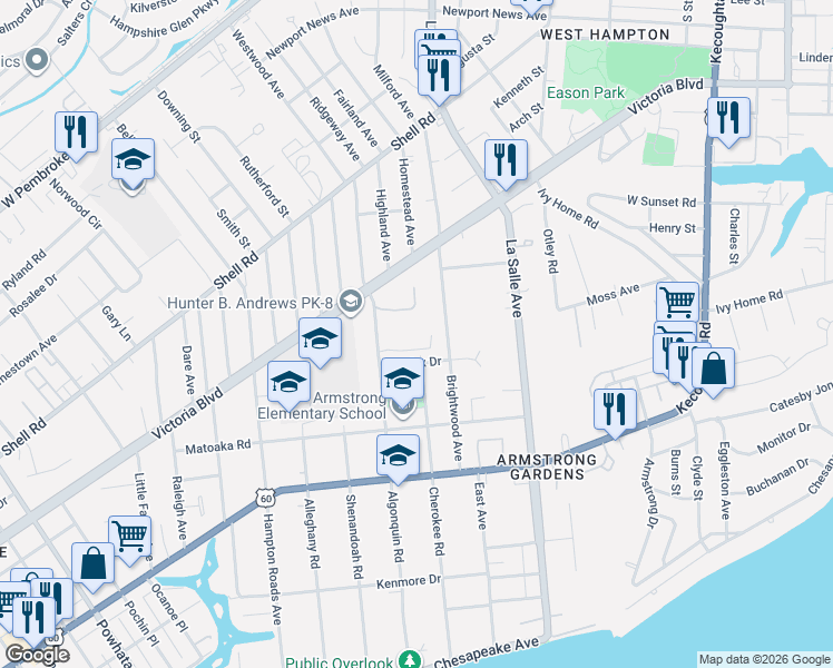 map of restaurants, bars, coffee shops, grocery stores, and more near 341 Brightwood Avenue in Hampton