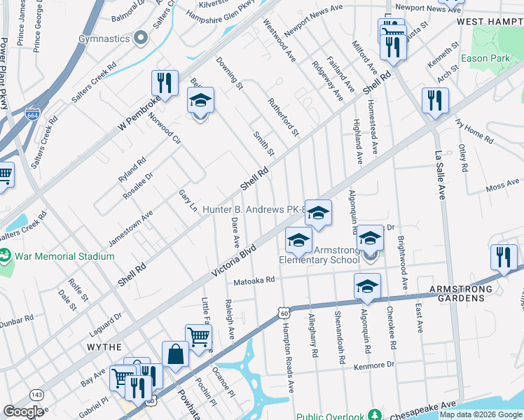 map of restaurants, bars, coffee shops, grocery stores, and more near 411 Hampton Roads Avenue in Hampton