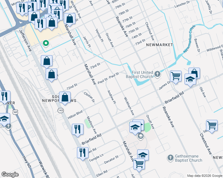 map of restaurants, bars, coffee shops, grocery stores, and more near 5927 Wickham Avenue in Newport News
