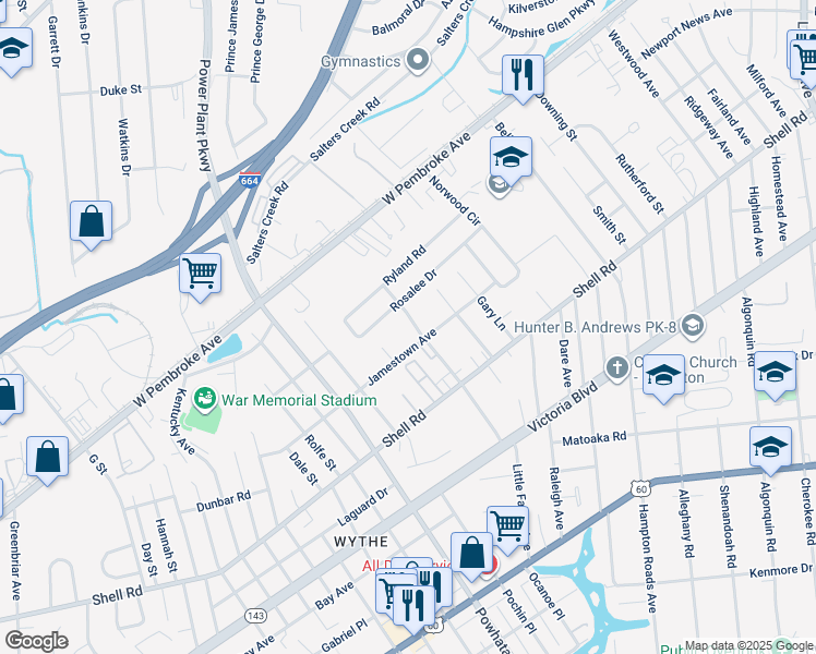 map of restaurants, bars, coffee shops, grocery stores, and more near 705 Celey Street in Hampton