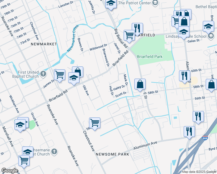 map of restaurants, bars, coffee shops, grocery stores, and more near 12 Hull Drive in Hampton