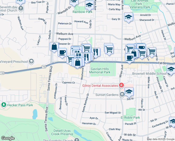 map of restaurants, bars, coffee shops, grocery stores, and more near 7936 Westwood Drive in Gilroy