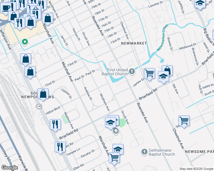 map of restaurants, bars, coffee shops, grocery stores, and more near 5916 Orcutt Avenue in Newport News