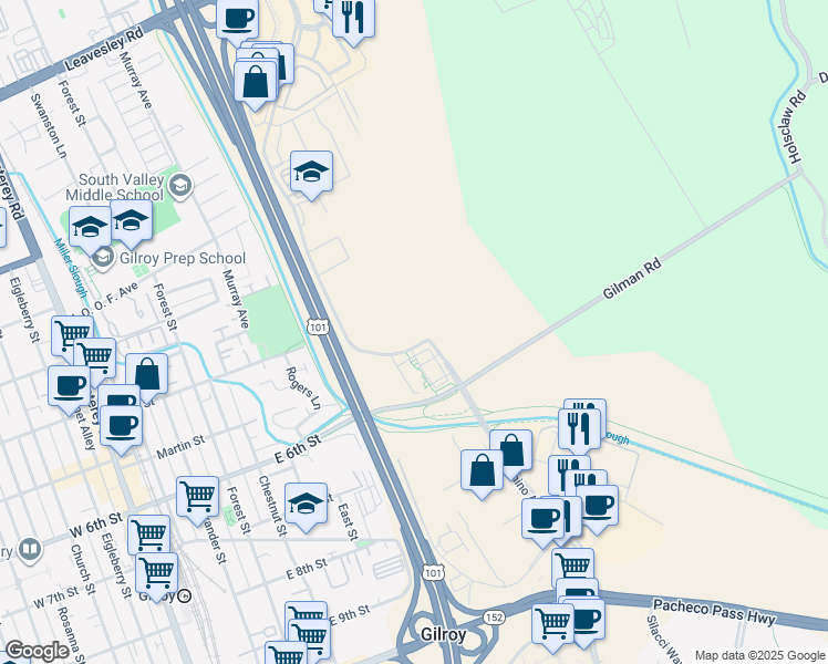 map of restaurants, bars, coffee shops, grocery stores, and more near 7500 Arroyo Circle in Gilroy