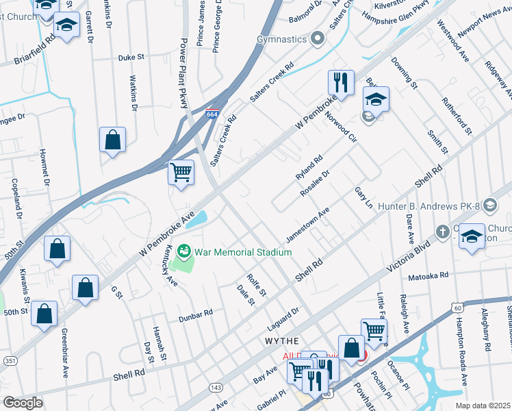 map of restaurants, bars, coffee shops, grocery stores, and more near 814 Teach Street in Hampton