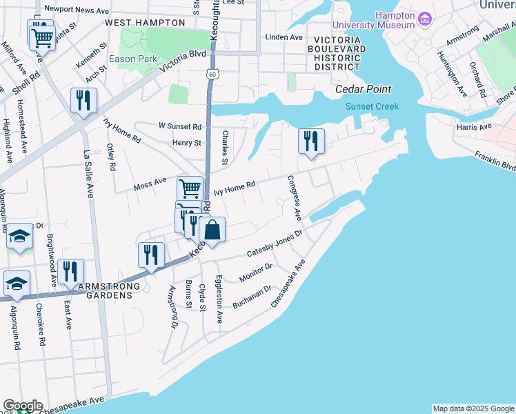 map of restaurants, bars, coffee shops, grocery stores, and more near 30 Trail Street in Hampton
