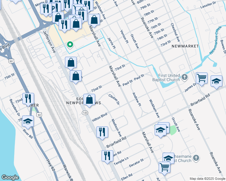 map of restaurants, bars, coffee shops, grocery stores, and more near 637 Clinton Drive in Newport News