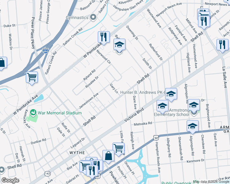 map of restaurants, bars, coffee shops, grocery stores, and more near 607 Gary Lane in Hampton