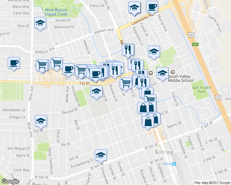 map of restaurants, bars, coffee shops, grocery stores, and more near 269 Second Street in Gilroy