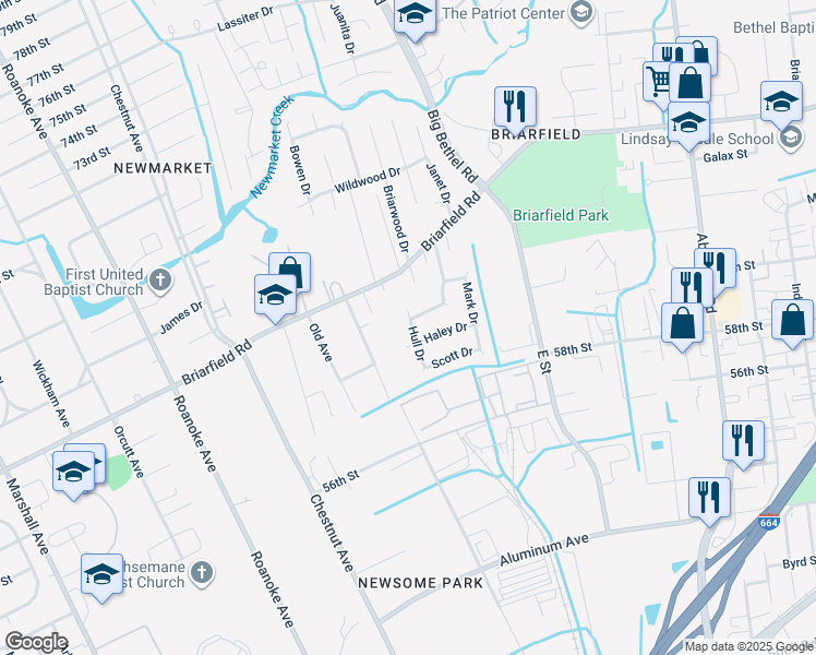 map of restaurants, bars, coffee shops, grocery stores, and more near 12 Hull Drive in Hampton
